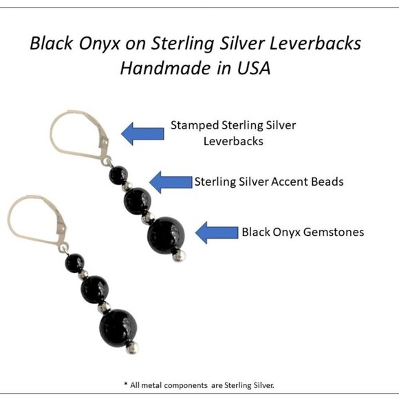 Black Onyx Earrings Sterling Silver Leverbacks for Women Handmade in USA - Picture 2 of 4